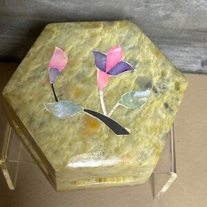 Hexagonal Stone Trinket Box Vintage MOP Inlaid Floral Motif Dendrite Inclusion